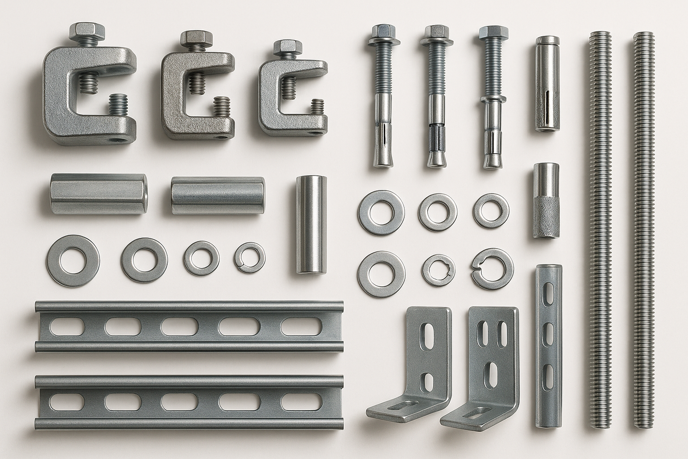 Installation items such as Beam Clamps, Bolt anchors, coupling nuts, drop in anchor, washers, slotted strut, slotted strut corner Bracket, threaded rod.